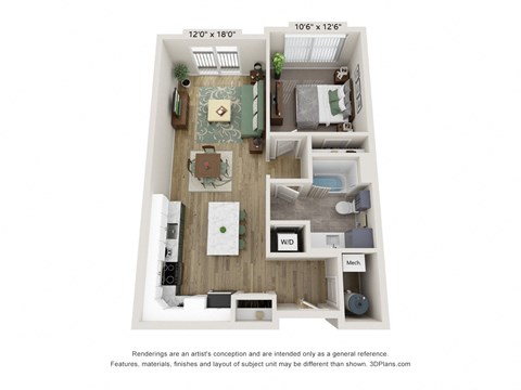 Floor plan for 1 bed, 1 bath, 735 sqft